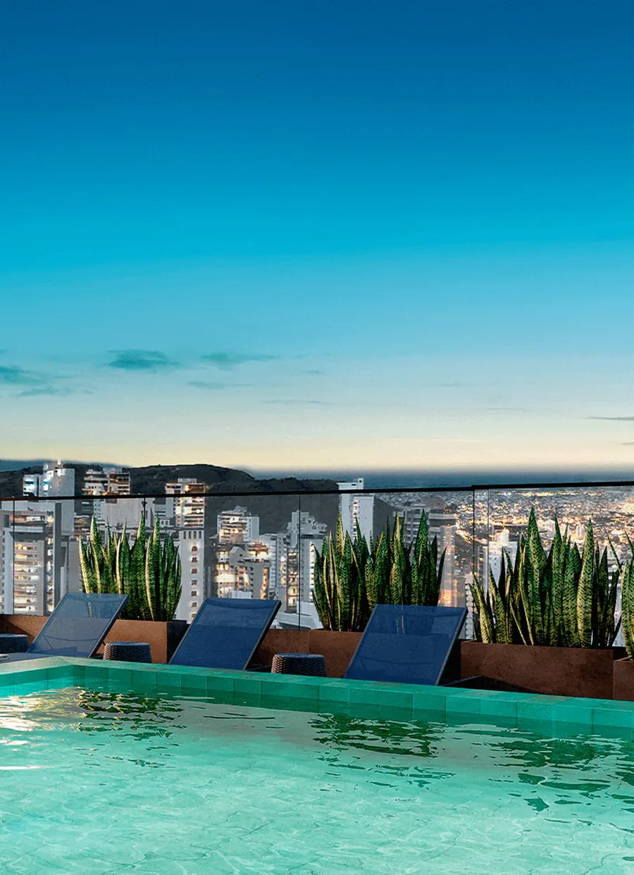 Rooftop do Skyline com paisagismo e vista da cidade